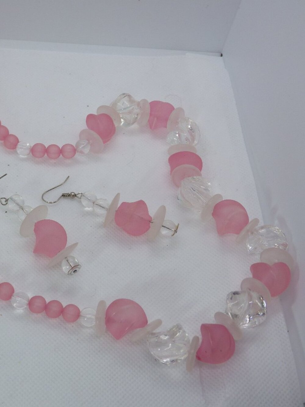 Pink frosted & Clear Plastic Beads Necklace & Earrings 629F2